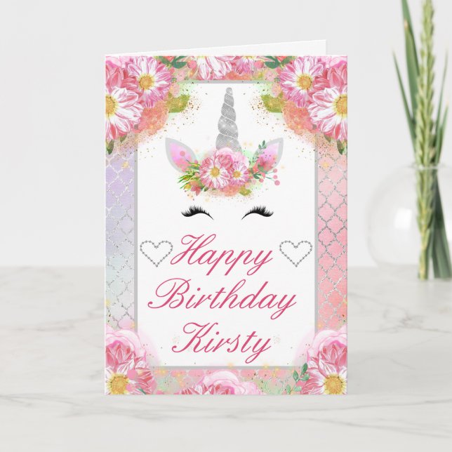 Unicorn Face Pink Silver Birthday Card (Front)