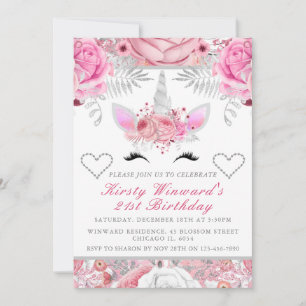 Unicorn Face Pink Silver Birthday Party Invitation
