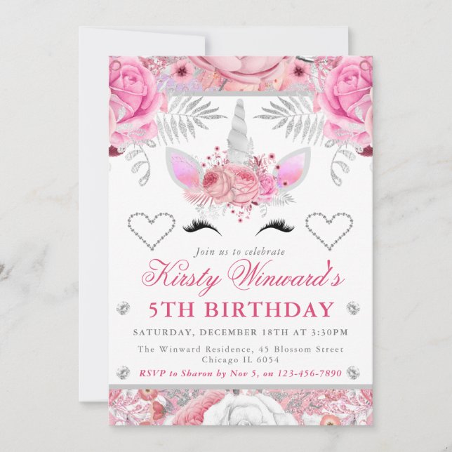 Unicorn Face Pink Silver Girl Birthday Kids Invitation (Front)