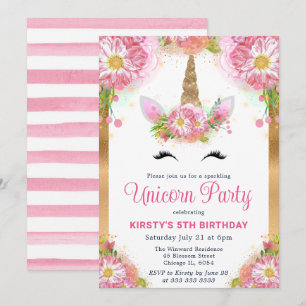 Unicorn Face & Watercolor Pink Flowers Birthday Invitation