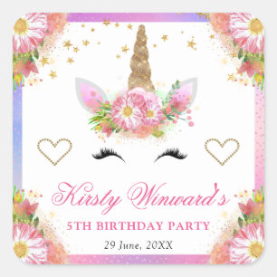 Unicorn Face & Watercolor Pink Flowers Birthday Square Sticker