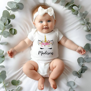 Unicorn Face With Eyelashes Personalised Name Baby Bodysuit