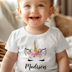 Unicorn Face With Eyelashes Personalised Name Baby T-Shirt