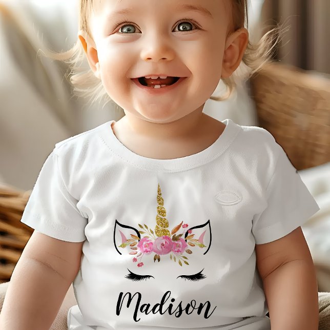 Unicorn Face With Eyelashes Personalised Name Baby T-Shirt (Creator Uploaded)