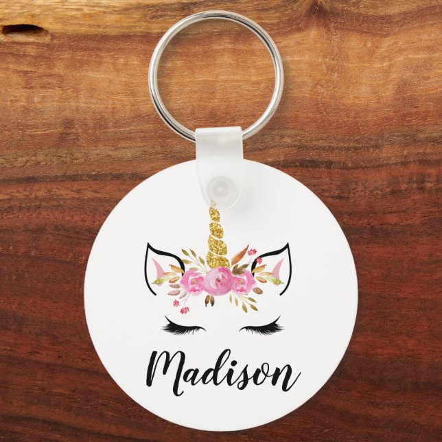 Unicorn Face With Eyelashes Personalised Name Key Ring (Front)