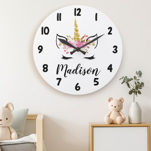 Unicorn Face With Eyelashes Personalised Name Large Clock