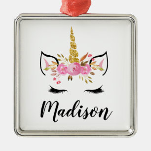 Unicorn Face With Eyelashes Personalised Name Metal Tree Decoration