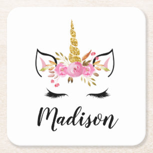 Unicorn Face With Eyelashes Personalised Name Square Paper Coaster