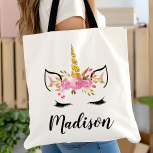 Unicorn Face With Eyelashes Personalised Name Tote Bag