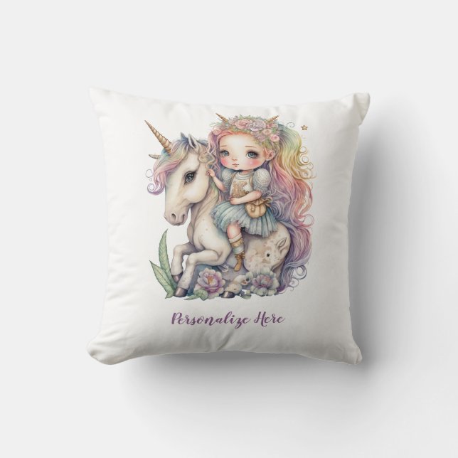 Unicorn Fairy Princess Rainbow Colours Personalise Cushion (Front)