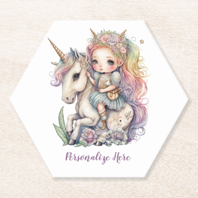 Unicorn Fairy Princess Rainbow Colours Personalise Paper Coaster (Front)