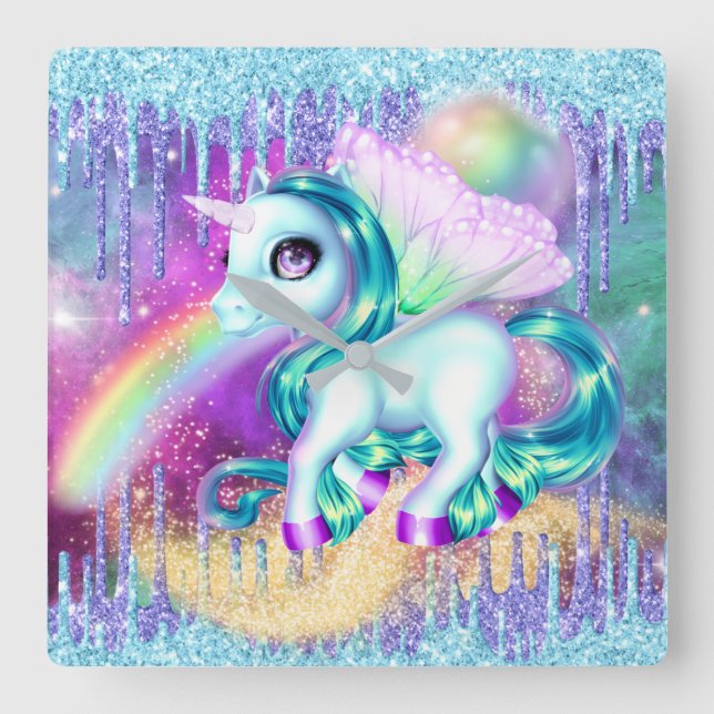 Unicorn fairy winter glitter rainbow ice square wall clock (Front)