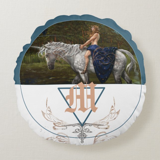 Unicorn fantasy illustration monogram round cushion (Front)