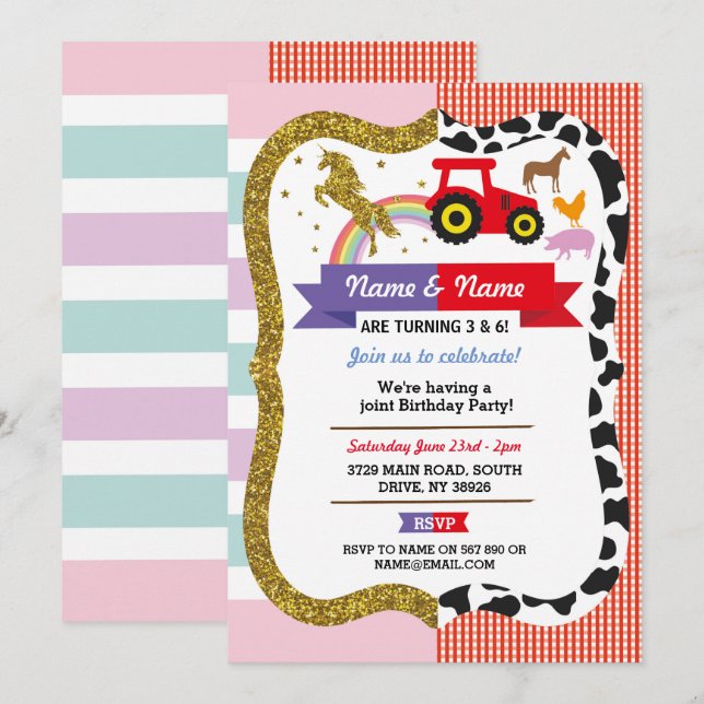 Unicorn & Farm Joint Boy Girl Birthday Farmyard Invitation (Front/Back)