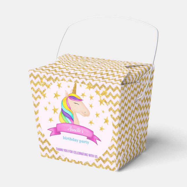 Unicorn Faux Gold Glitter Chevron | Birthday Party Favour Box (Front Side)