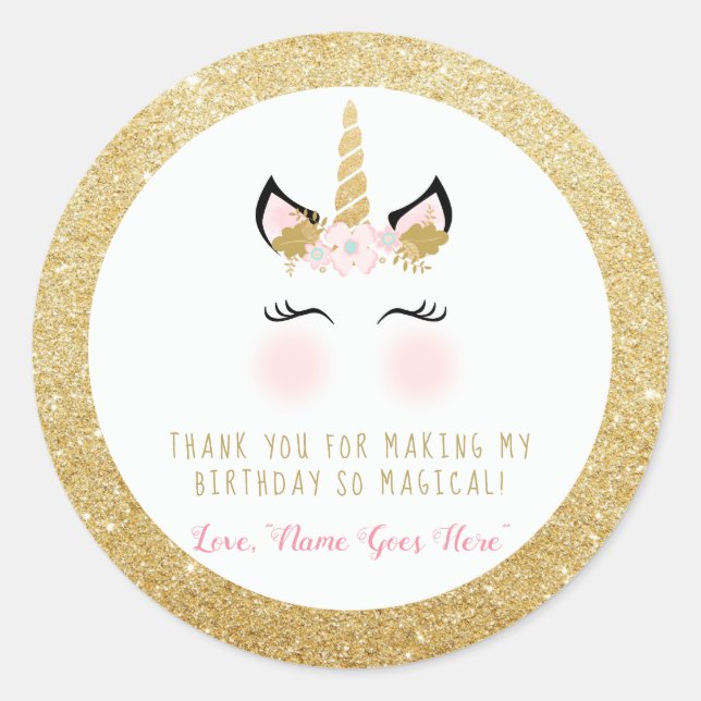 Unicorn Favour Sticker- Glitter gold and pink Classic Round Sticker (Front)