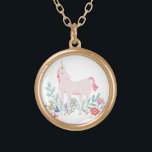 Unicorn Fields Gold Plated Necklace<br><div class="desc">Whimsical pink,  blue and gold unicorn illustration designed by Shelby Allison.</div>