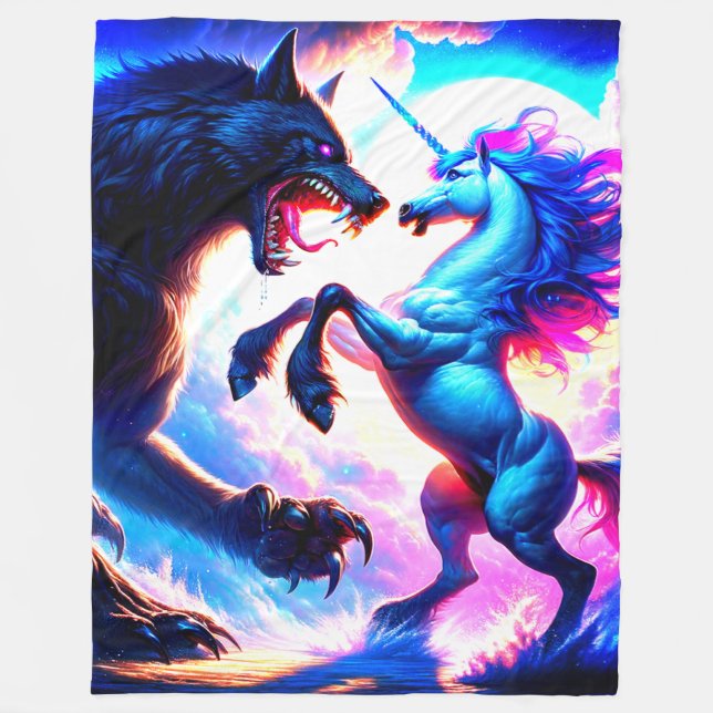 Unicorn Fighting a Wolf Fleece Blanket (Front)