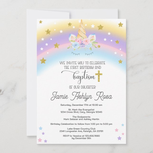 Unicorn first birthday and baptism invitation. invitation (Front)