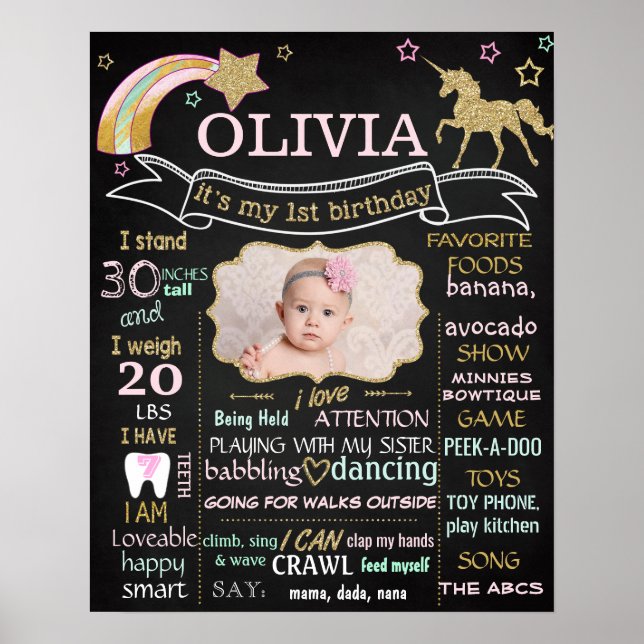 Unicorn First Birthday Party chalkboard sign photo (Front)