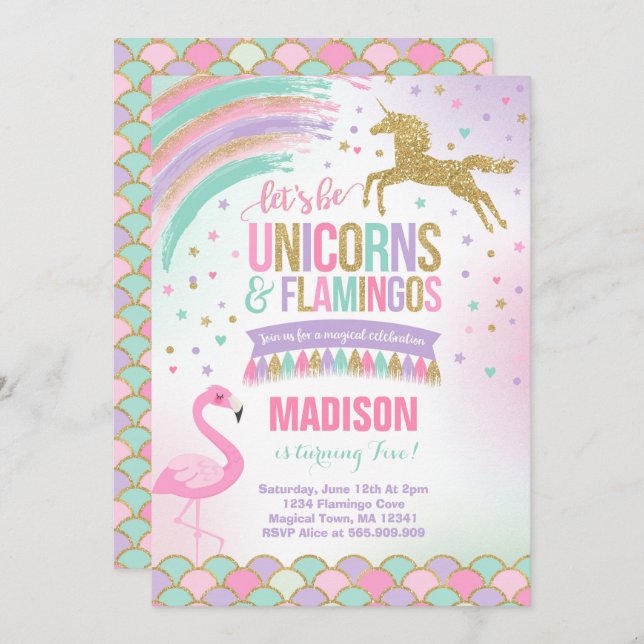 Unicorn & Flamingo Birthday Invitation Magic Party (Front/Back)