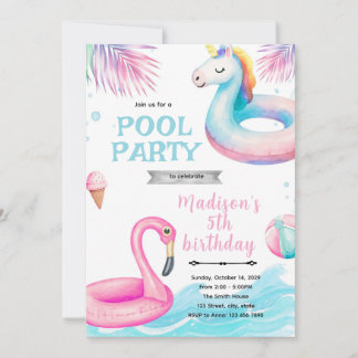 Unicorn flamingo pool Party Invitation
