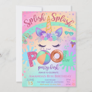 Unicorn Float Splish Splash Pool Party birthday Invitation