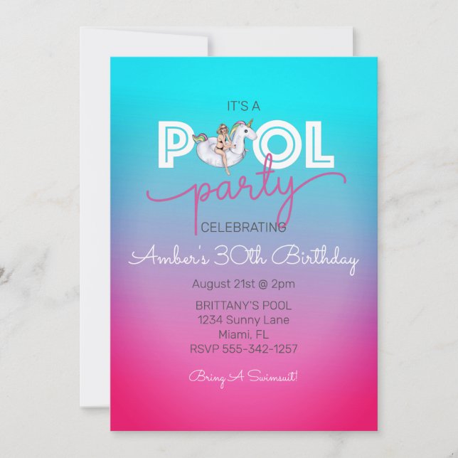 Unicorn Float Summer Pool 30th Birthday Party Pink Invitation (Front)