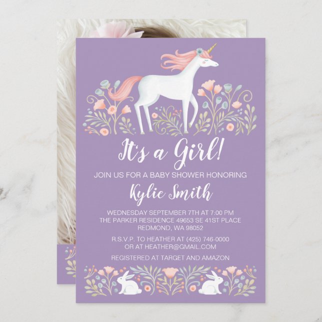 Unicorn Floral Baby Shower Announcement (Front/Back)