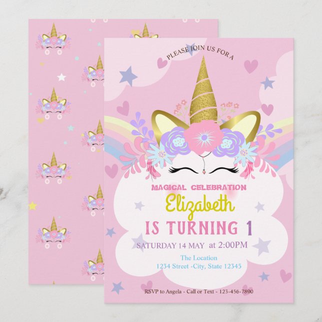 Unicorn Floral Crown Rainbow Hearts Stars Birthday Invitation (Front/Back)