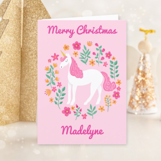 Unicorn Floral Cute Pink Merry Christmas Holiday Card (Creator Uploaded)