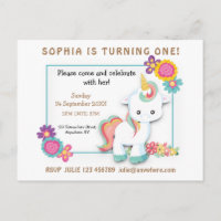 Unicorn Floral First Birthday Invitation White