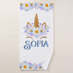 Unicorn Floral Gold Glitter Personalised   Bath Towel