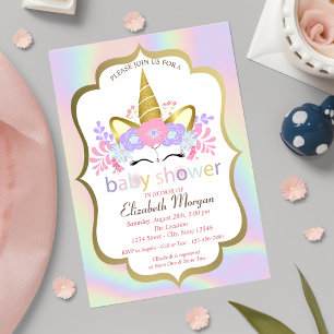 Unicorn,Floral,Holographic Baby Shower Invitation