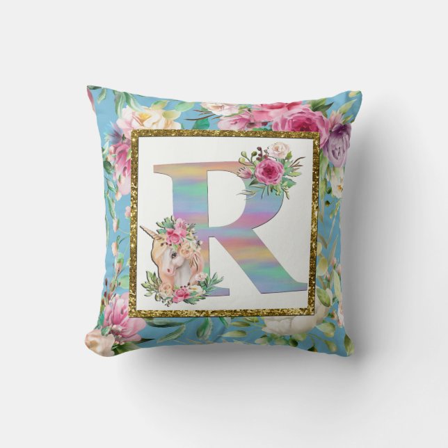 Unicorn Floral Monogram Pillow (Front)