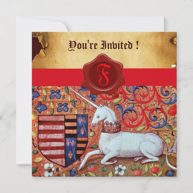 UNICORN FLORAL PARCHMENT RED WAX SEAL MONOGRAM INVITATION (Front)