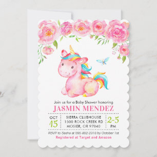 Unicorn Floral Pink Girl Baby Shower Sprinkle Invitation