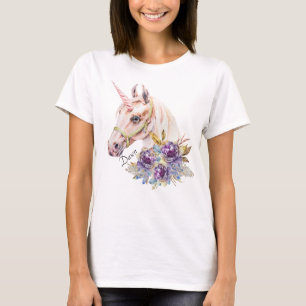Unicorn Floral Watercolor Girls Personalise Name T T-Shirt