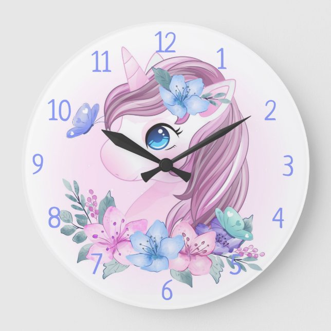 Unicorn, Flowers and Butterflies  Large Clock (Front)