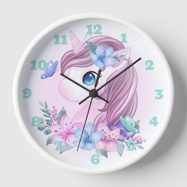 Unicorn, Flowers and Butterflies  Large Clock (Front)