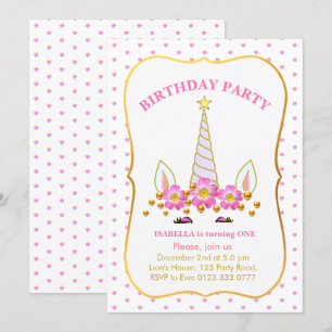 Unicorn, Flowers and Confetti Birthday Invitation
