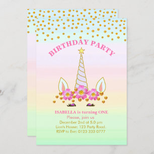 Unicorn, Flowers and Confetti Birthday Invitation