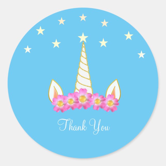Unicorn Flowers and Stars Thank You Classic Round Sticker (Front)
