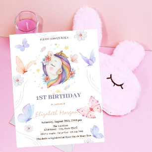 Unicorn Flowers Butterfly Dots Birthday Invitation