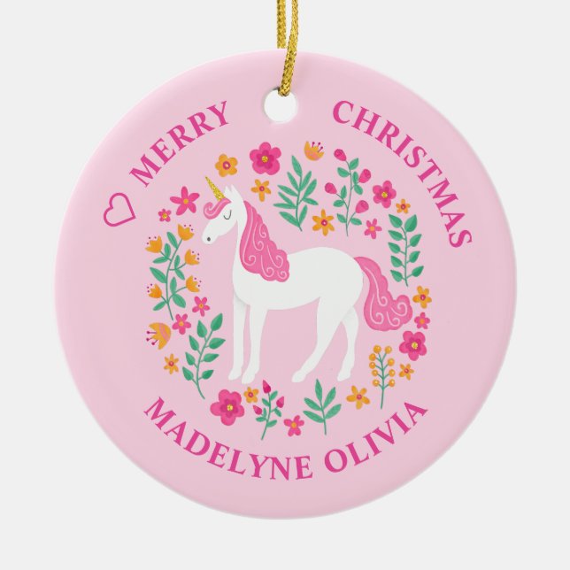 Unicorn Flowers Cute Pink Personalised Name Ceramic Tree Decoration (Front)