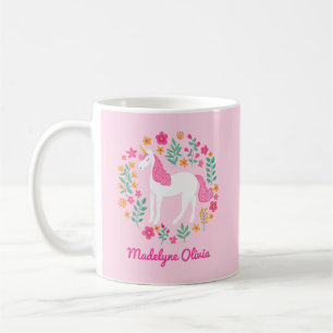 Unicorn Flowers Cute Pink Personalised Name Coffee Mug