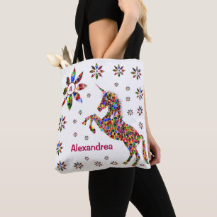 Unicorn Flowers Fantasy Glitter Personalise Tote Bag