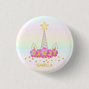 Unicorn, flowers & gold confetti on pastel colours 3 cm round badge