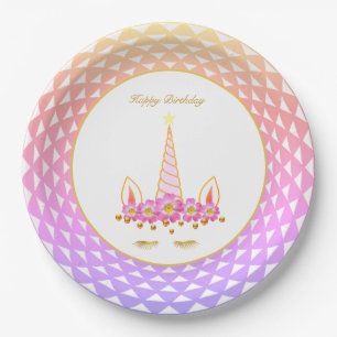 Unicorn, Flowers, Gold Confetti on Pastel Colours Paper Plate