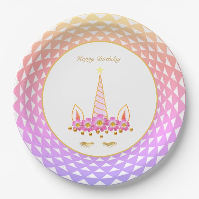 Unicorn, Flowers, Gold Confetti on Pastel Colours Paper Plate (Front)